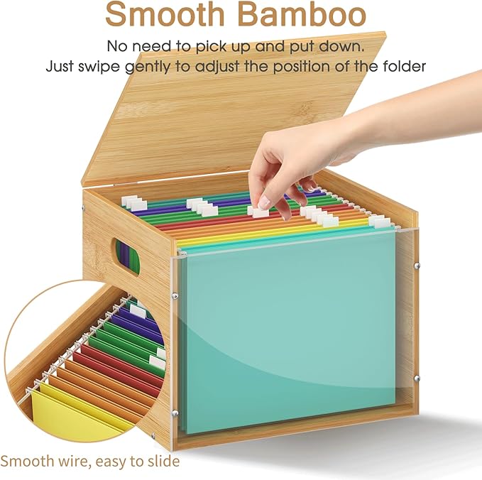 Sbanmao Acrylic File Organizer with Lid, Bamboo File Box with Handle, Hanging File Folder Organizer, Portable Filing Organizer File Crate Storage Box for Home Office Classroom, Letter Size