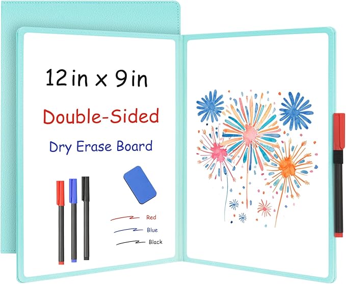 WALGLASS Double-Sided Small White Board Dry Erase, 12'' x 9'' Portable Reusable Whiteboard Notebook, Foldable Mini Handheld Board for Students Practice, Home, School, Office, Travel - Blue PU Leather