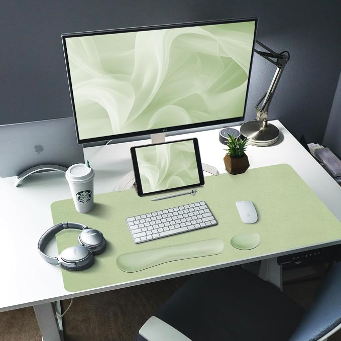 Bloss Leather Desk Mat and Keyboard Wrist Rest, Large Mouse Pad + Keyboard Pad+Mouse Wrist Support, Non-Slip Desk Mat Protector for St Patricks Day(31.5×15.7 Inches, Green)