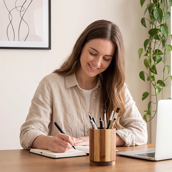 360° Rotating Pen & Pencil Holders Accessories Acacia Wood Desktop Pencil Holder Containers Farmhouse Stationery Organizer Stand for Office Table Desk Accessory
