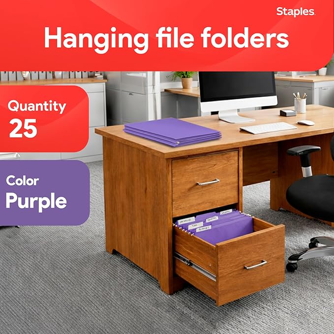 Staples Hanging File Folders, Letter Size, Purple, 1/5‑Cut Tabs, Tear‑Resistant, Includes Tabs & Inserts – 25/Pack