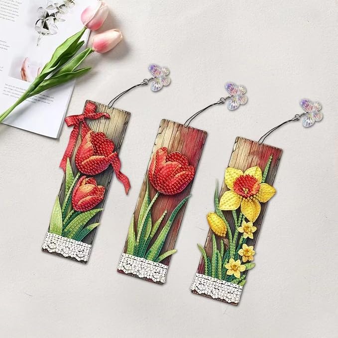 ARTopet 3Pcs DIY Diamond Art Painting Bookmarks with Colorful Butterfly Pendant PET Bookmark Ornament Double Sided Pattern Single Sided Diamond Book Marker Clip Gifts Tags-Flowers5