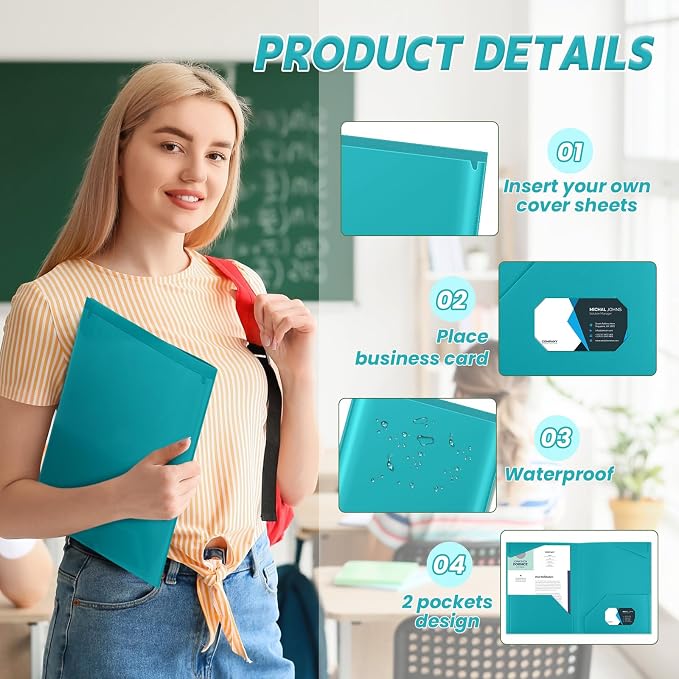 Henoyso 36 Pack Turquoise Plastic Folders with Clear Front Pockets Heavy Duty File Folders with 2 Pockets and Card Slot for Student Communication School Office Presentation Report