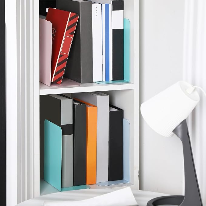 Beeveer 6 Pairs Metal Bookends Book Stopper for Shelves Office Book Holder Library Bookend for Heavy Books Desk Home Bookshelf School (Macaron Colors)