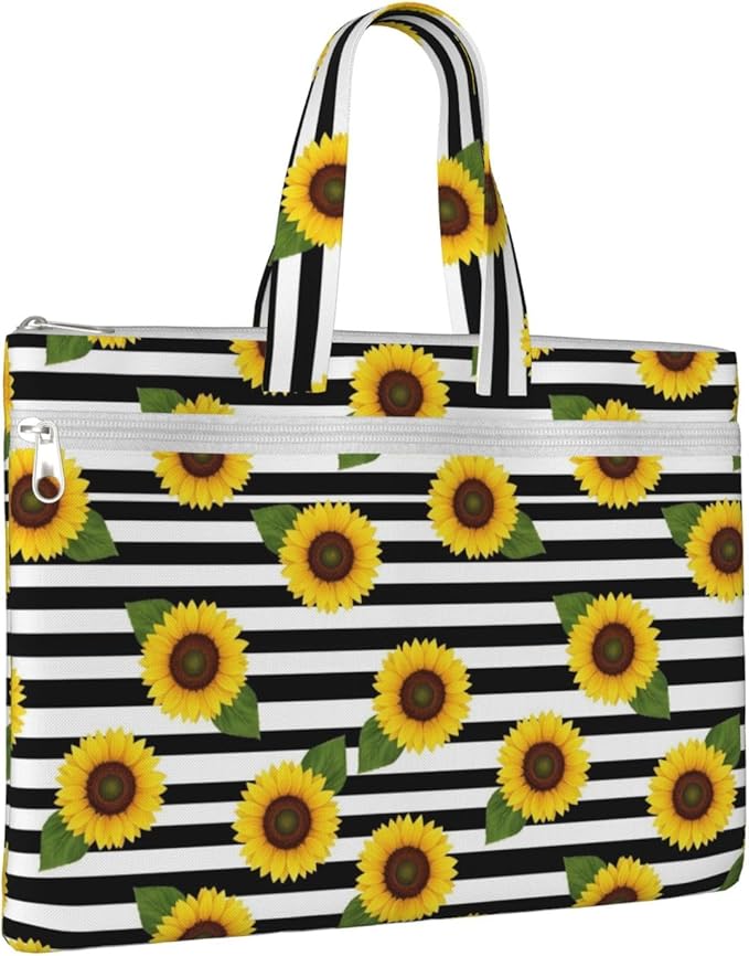 Canvas Document Storage Pouch with Handle, Lightweight Zipper File Bag Orange Sunflower Stripes for Office Books and Folders