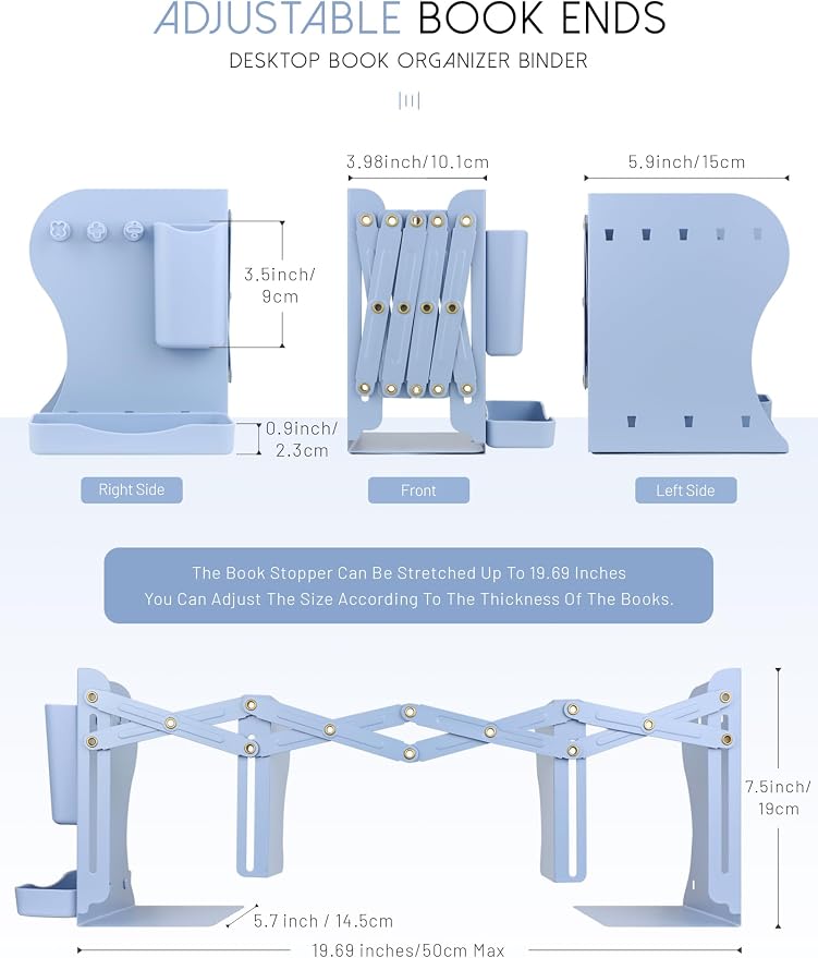Heavy Duty Bookends Adjustable Book End, Desk Book Holder for Shelves, Book Organizer for Desk, Suitable for Office Home School (19.69 inches Max) (Blue)