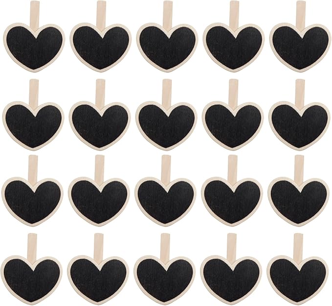 Wealrit 20 PCS Wooden Mini Chalkboard Blackboard with Clip Message Chalk Board Tag Signs Clips Basket Labels Clip for Memo,Note Taking(Heart)