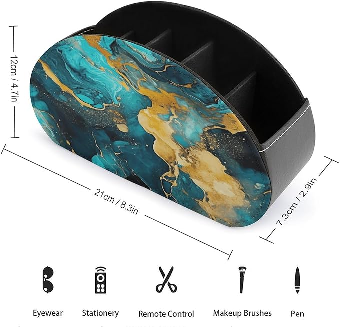 Remote Control Holder,Turquoise And Gold Printed PU Leather Remote Caddy Desktop Organizer with 5 Compartments for Media Accessories & Office Supplies Storage