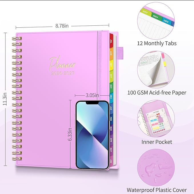 EMSHOI 2026-2027 Appointment Book, A4 15-Minute Hourly Planner, July 2026 - June 2027, Academic Planner Weekly and Monthly, 100GSM Thick Paper, Flexible Cover, Note Pages, Colorful Tabs, Purple