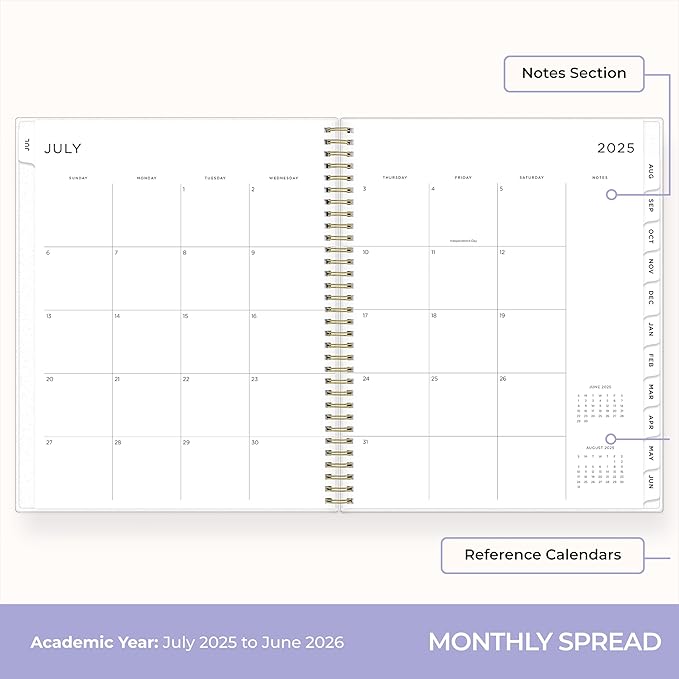 Blue Sky Ashley G 2025-2026 Weekly and Monthly Academic Year Planner Calendar, July 2025 - June 2026, 8.5" x 11", Flexible Cover, Wirebound, Laminated Tabs, Multi Color Smoke