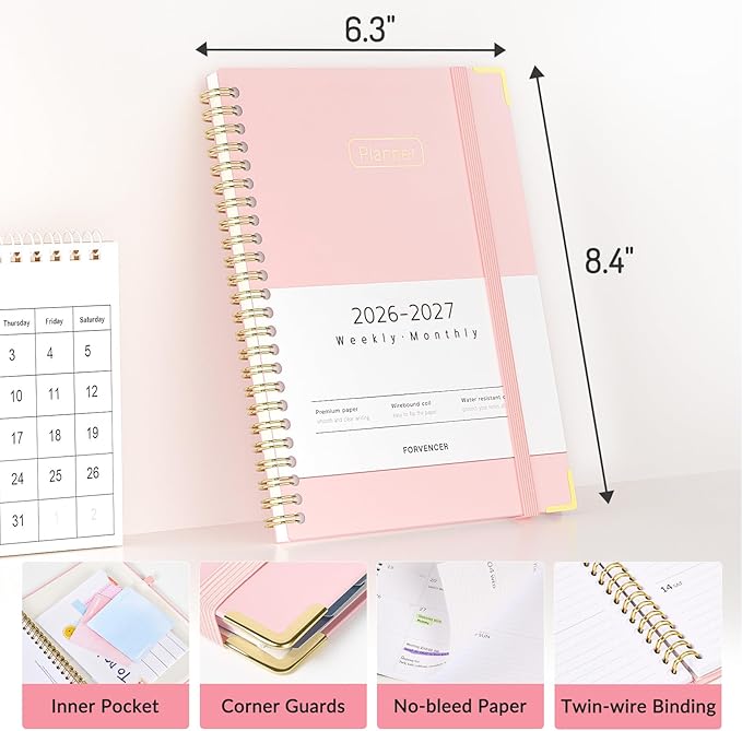 Forvencer Academic Planner 2026-2027, Hardcover Calendar Planner Weekly & Monthly, July 2026 - June 2027, 6" x 8", Daily Agenda with Tabs, College School Organizer for Student Teacher, Pink