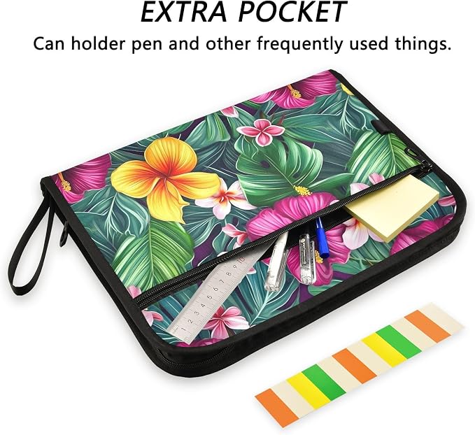13 Pockets Expanding File Folder Hawaii Floral Palm Leaves Accordion File Organizer A4 Letter Size Paper Document Storage Zipper Expandable Folders with Labels