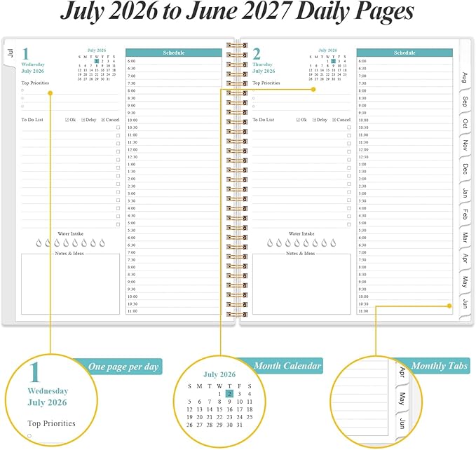 Daily Planner 2026-2027 Full Page Per Day- 2026-2027 Daily & Monthly Planner from July 2026 to June 2027, Day Planner 2026-27 with 12 Months Tabs, 8.5" x 11", Black Flowers