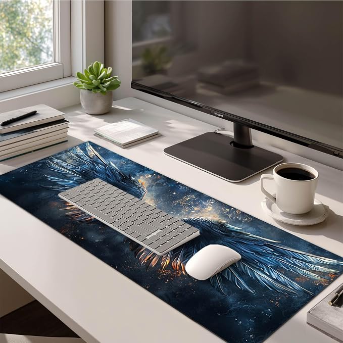 HOMETITUTE Large Mouse Pad XL 31.5 x 11.8 Inch Black Blue Flame Wing Gaming Desk Mat Extended Keyboard Pad Computer Desk Pad Waterproof Non Slip Mouse Pads for Desktop Office Accessories