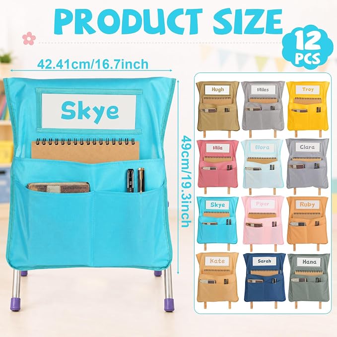 12pcs for Classroom 16.3x19.7inch Classroom Chair Pockets with Name Tag 3 Pockets Chair Organizer for Teacher Student School Office(Boho)