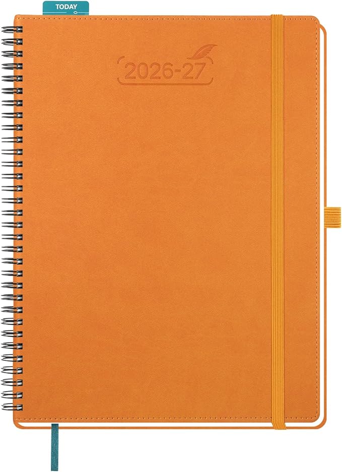 BEZEND Weekly Planner 2026-2027 (8.5" x 11") with Hourly Timeslots (Jul 26-Dec 27) 18 Months Academic Calendar & Monthly Tabs, for Students, Work & Home, Spiral PU Leather Softcover -Orange
