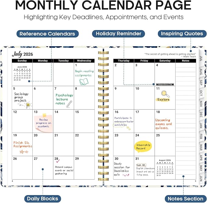 Planner 2026–2027, Academic Year Monthly & Weekly Calendar Book, Jul 2026–Jun 2027, Hardcover Organizer with Tabs, Student & Teacher Planner, 8.5" x 11", Blue Heirloom