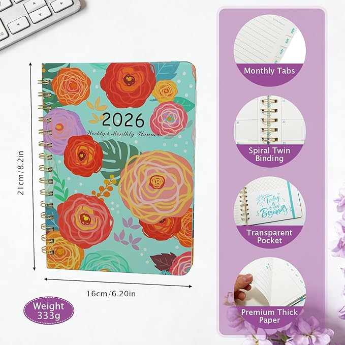 2026 Planner, Weekly and Monthly Calendar Planner for Women, Jan 2026 - Dec 2026, Hardcover Planning Agenda book with Tabs, Spiral Bound, Inner Pocket, Perfect for School Office Supplies, 8.4" x 6.3" (Green)