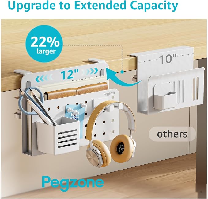 PEGZONE Desk Side Storage Organizer, No Drill Under Desk Laptop Holder, Clamp on Desks Shelf with Pegboard Accessories, Hanging Laptop Mount, Fits Flat Edge 0.4" to 2.2", White
