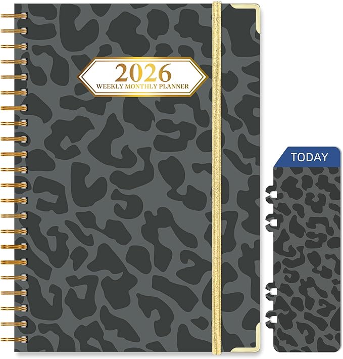 2026 Planner, Jan.2026 - Dec.2026 Planner Weekly and Monthly 6.25"x8.5" with Page Tabs, Calendar Hardcover with Inner Pocket, Elastic Band,Twin-Wire Binding,Bookmark, Black Leopard