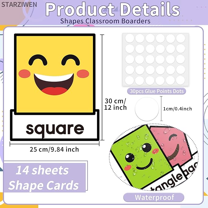 14Pcs Shapes Bulletin Board Set, Jumbo 10x12 Inch 2D Geometric Shapes Posters for Classroom Wall, Rainbow Educational Cutouts with Glue Points for Kindergarten and Preschool Decor