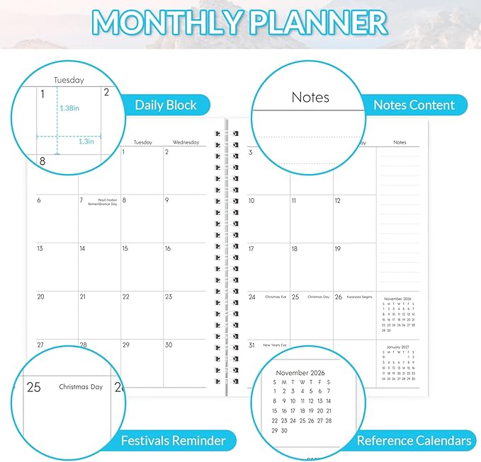 Monthly Planner 2025-2027, Monthly Calendar July 2025 - December 2027, A5 Planner 2025-2026 with Coil, 5.9'' x 8.4'', Perfect for Office School Supplies Organizing Planning - Beach