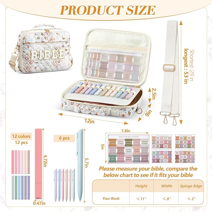 Sinload Quilted Bible Cover Case for Women 12 x 9 x 2.5 Inch Bible Chenille Letter Bag with Shoulder Strap Carrying Tabs 6 Colored Pens 12 Highlighters Christian Church Study Gifts(Colorful,Floral)
