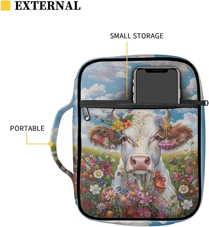 Suobstales Cow Daisy Flower Print Bible Covers for Women Men,Carrying Book Bible Case Church Bag Lightweight Bible Bag Bible Protective with Handle and Zippered Pocket