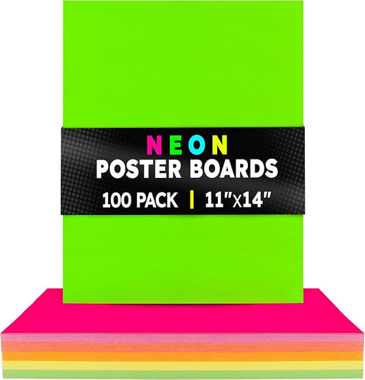 Hygloss Medium Poster Board 11x14 - 100 Assorted Neon Color Bulk Pack - 10 Pt. Thickness Colored Poster Board Paper for Projects, Signs, Displays - Posterboard Multipack 11" x 14"