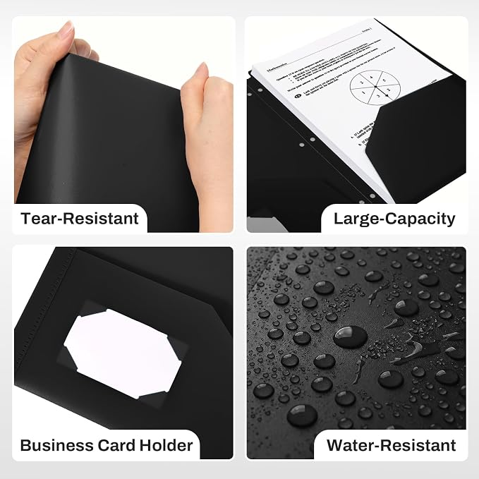 SUNEE 3 Hole Pocket Folders (1 Pack, Black), Plastic Pocket Folders for 3 Ring Binder, 3-Hole Punched Folder with Pockets, for Kids, Students, Teachers, Office Staff