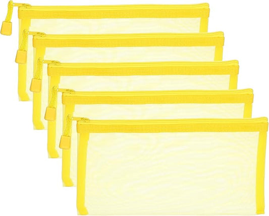 PATIKIL B6 Mesh Zipper Pouch Bags, 5 PCS Mesh Bags with Zipper Plastic Storage Pocket for Organizing File Beads Office Home Supplies, 11.5x23cm, Yellow