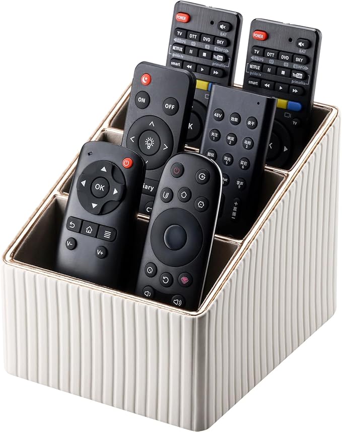 KINGFOM Remote Control Holder with 3 Compartments, Pu Leather Remote Caddy Desktop Organizer for TV, CD, Blu-Ray, Media Player, Heater Controllers and Cosmetics Office Supplies Light Beige