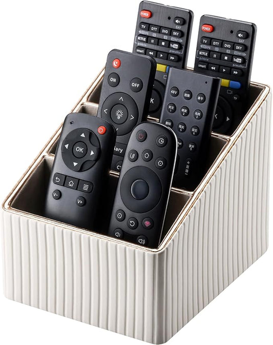 KINGFOM Remote Control Holder with 3 Compartments, Pu Leather Remote Caddy Desktop Organizer for TV, CD, Blu-Ray, Media Player, Heater Controllers and Cosmetics Office Supplies Light Beige