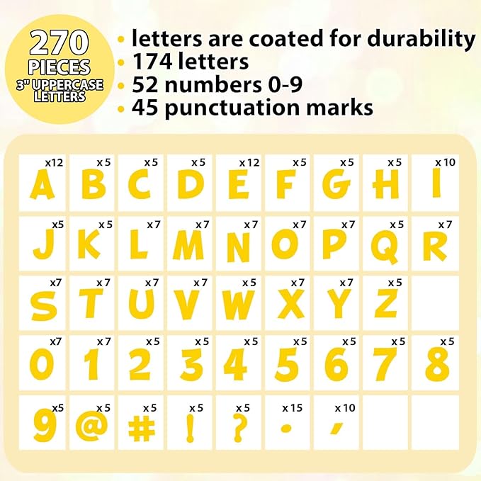 270Pcs 3In Bulletin Board Paper Letters and Numbers, Capital Letters, Numbers, Punctuation Card Stock Punch Out Letter for Classroom Poster Bulletin Board Window Door Home Decor Mailbox Sign, Yellow