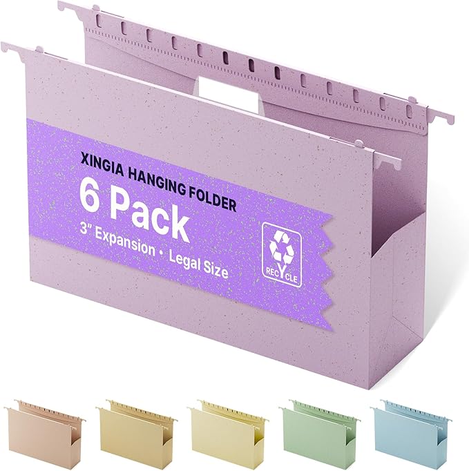 XINGIA Legal Size Hanging File Folders Extra Capacity,3'' Expansion Plastic File Folders Hanging with Tabs,6 Pack Wheat Straw Heavy Duty File Cabinet Folders for Office School,Expanding File Folder