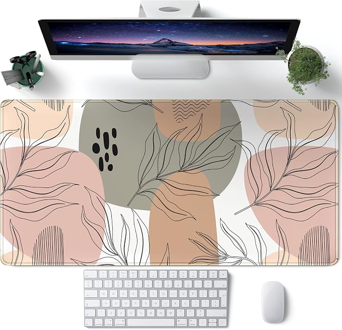 Boho Abstract Large Mouse Pad, Brown Grey Pink Aesthetic XL Mouse Pad, Gaming Mousepad XXL Long Keyboard Mat 31.5''X15.7'' Desk Accessories for Women Girls