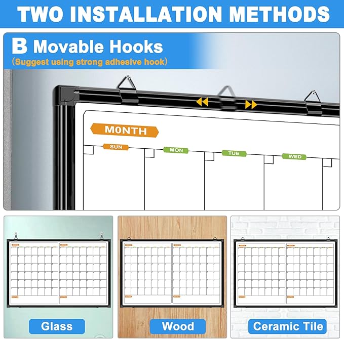 2 Month Whiteboard Dry Erase Calendar for Wall, 36" X 24" Magnetic Calendar Whiteboard for Wall, Wall Hanging Aluminum Frame with Tray for Home, School, Office