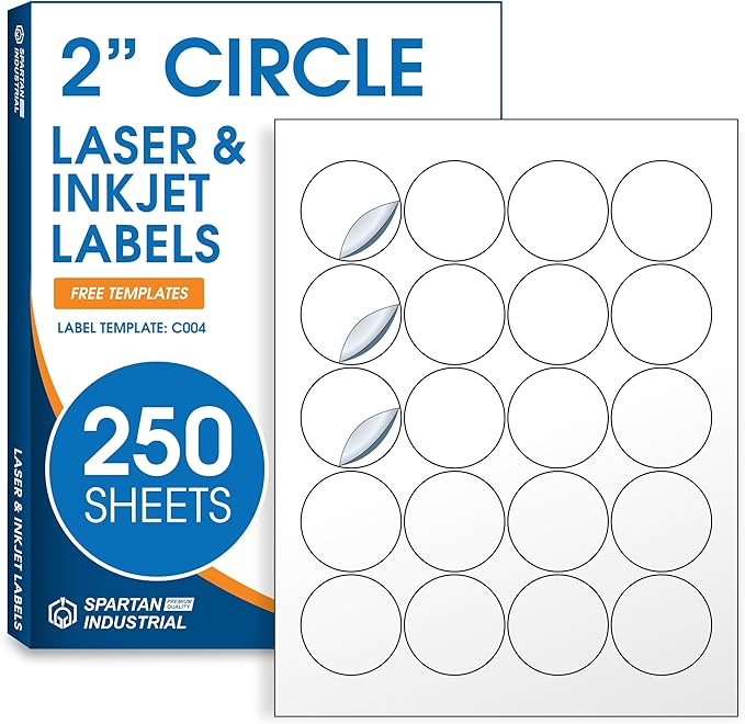 2" Printable Round Labels for Laser and Inkjet Printers - 5000 Blank Labels, 250 Sheets for Thank You Stickers, Price Tags, QR Codes, Business Logos - Spartan Industrial Template C004