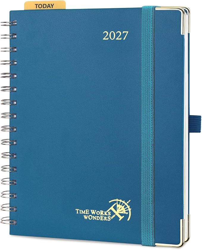 POPRUN 2027 Planner Daily Weekly and Monthly Calendar with Hourly Schedule(Medium Size 8.5'' x 6.25'' Wire-Bound Hard Cover) - Agenda 2026 (Jan.2027-Dec.2027), Monthly Tabs - Night Sky Navy Blue