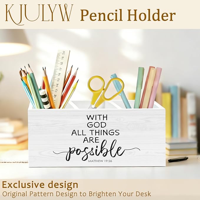 Christian Inspirational Pen Holder for Desk, with God All Things Are Possible Religious Bible Verse Wooden Box Pencil Pen Holder Organizer for Home Office Desk Accessories