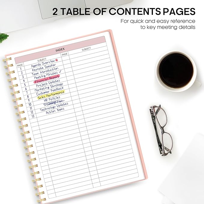 Meeting Notebook for Work Organization - Work Planner Notebook with Action Items, Agenda Planner for Note Taking, 160 Pages (6.9" X 9.9") Project Organizer for Men & Women - Pink