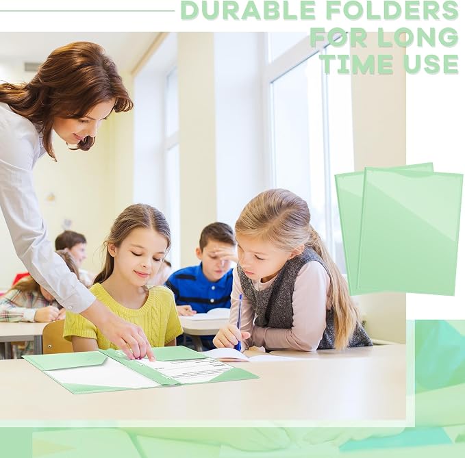 Henoyso 18 Pcs Plastic Folder with Clear Front Pocket and 3 Prong Plastic Folders with Card Slot Pocket Folders with Prongs for School Office (Light Green)
