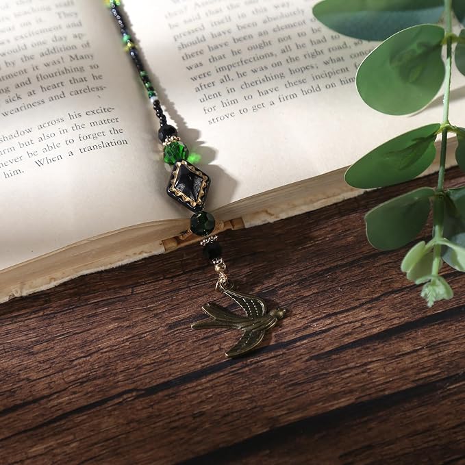 Swallow Feather Beaded Bookmark - Gronze Green Beads Book Mark for Women Men, Unique Nature-Inspired Accessories Bookish Gifts for Booklovers Students Teachers