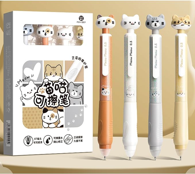 MOZXIRZ 4 Pcs Cute Cat Erasable Pens Retractable Pens Erasable Gel Ink Pens Cartoon 0.5mm Point Black Ink Pen Kawaii Writing Pen Office School Supplies Women Girls Boys (Cat-Black Ink)
