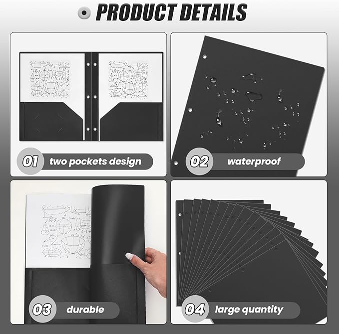 Yeaqee 100 Pcs Plastic Folders with Pockets Bulk 3 Hole Punched 2 Pocket File Folders for 3 Ring Binder Divider Folder for Notebooks, Durable Poly for Office Home (Black)