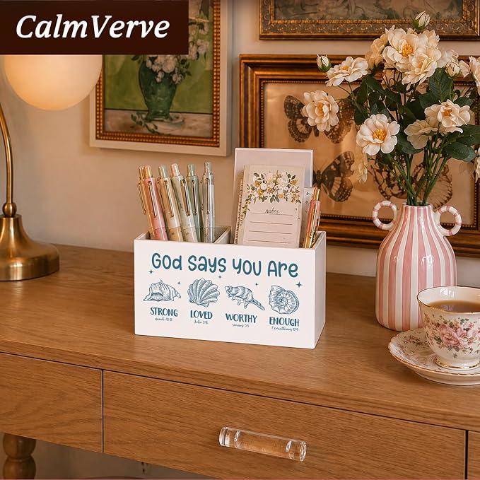 Blue Coastal Beach Christian Pen Pencil Holder for Desk, Christian Gifts for Women, God Says You Are Bible Verse Pencil Holders Wooden Box Organizer for Home Office Bedroom Desk Tabletop