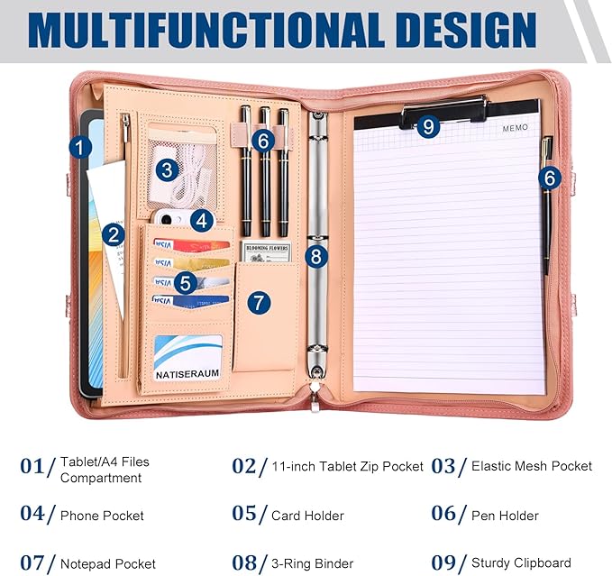 Padfolio Portfolio Binder with Handle, 3-Ring Folder Organizer, Vegan Leather Portfolio with Notepad Includes 5 Dividers with 10 Pockets for Documents Filesfor Documents Files and 1 Pen