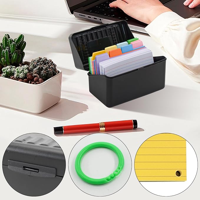 VANRA Index Card Holder 3x5 Flash Card Organizer Case 300 Colored Index Cards Bulk Blank Note Cards with Ring (Black)