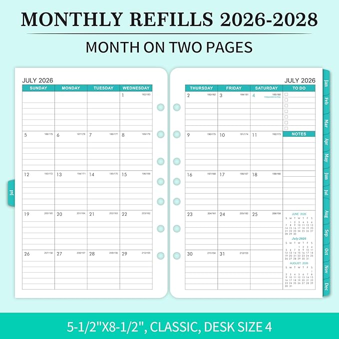 2026-2028 Monthly Planner Refill - A5 Planner Inserts with 7-Hole Punched for 7-Ring Binder, 5-1/2" x 8-1/2", 2 Year Monthly Calendar with Tabs, July 2026 to June 2028
