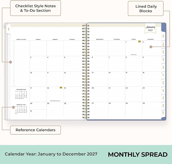 Blue Sky Day Designer 2027 Weekly and Monthly Planner Calendar, January 2027 - December 2027, 8.5" x 11", Flexible Cover With Zip Pouch, Durable Twin Wire Binding, With Stickers, Serenity Tile Blue